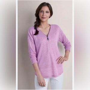 Soft Surroundings Lavender Purple V-Neck Sweater Relaxed Fit with Zipper Closure